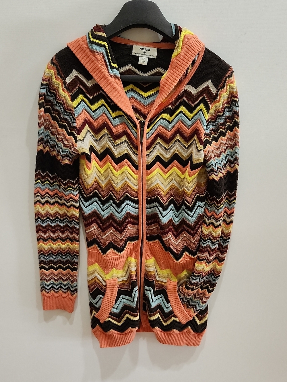 Missoni Multicolor Chevron Hooded Zip Cardigan with Coral Trim
